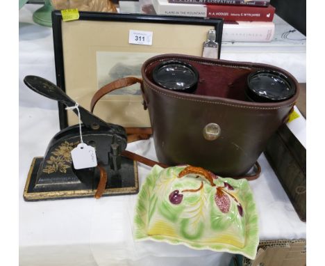 Vintage picture of Combe Martin, Bosche 10x50 cased binoculars, butter dish and a cast metal punch