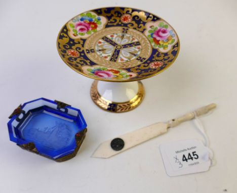 Bone Stanhope paper knife marked Notre Dame, Crown Derby Imari raised trinket dish and small blue glass trinket dish bound wi
