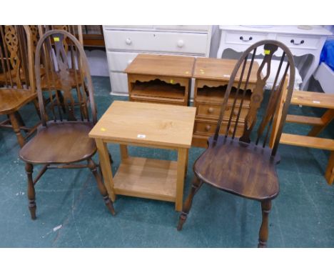 Oak side table and pair of mid century spindle back chairs 