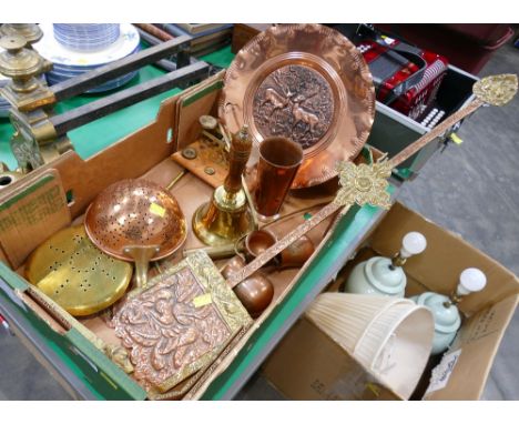 Box of copper and brass ware - bell, scales etc
