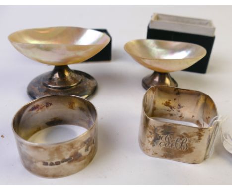 Silver and white metal mother of pearl dishes and two boxed silver napkin rings 
