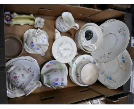 Box of ceramics - Shelley Crocus pattern teapot, cups saucers etc