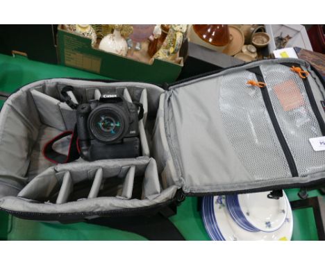 Bag of Canon EOS camera with spare lens 