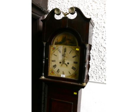 Dark wood eight day longcase clock with rural scene, painted face and scroll top 200 cm high