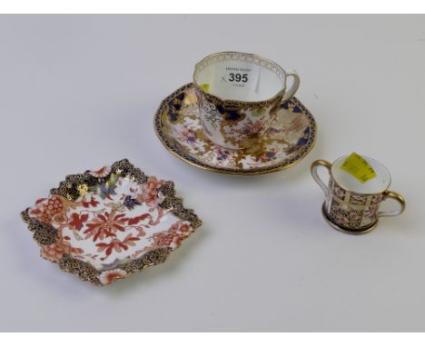 Royal Crown Derby Imari cup and saucer, two handled mini tyg and a pin dish