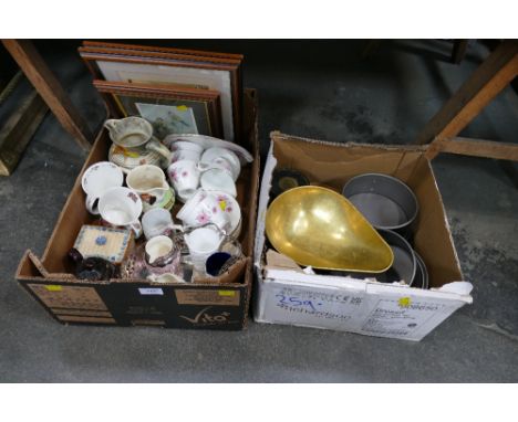 Two boxes of ceramics, pictures, scales, cookware