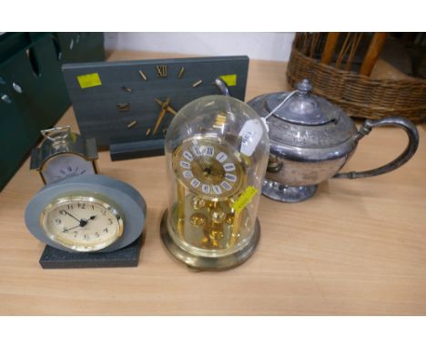 Plated ware teapot and four clocks 