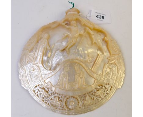 Mother of pearl carved shell marked Bethlehem and The Birth of Jesus 