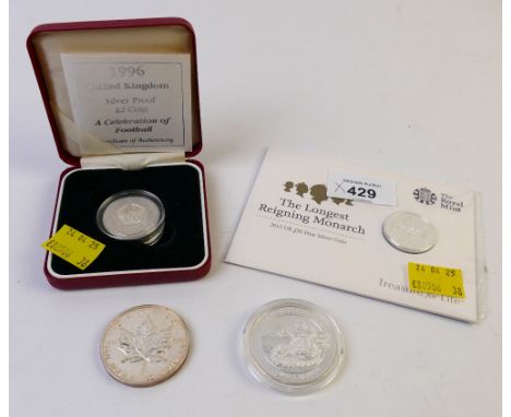 Collection of coins - 1996 silver proof £2 coin a Celebration of Football and an Elizabethan era Celebration Crown Coin Gibra