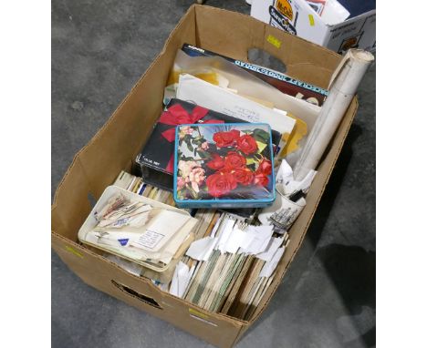 Box full of cigarette cards, tea cards, First Day Covers, loose stamps mostly GB, etc