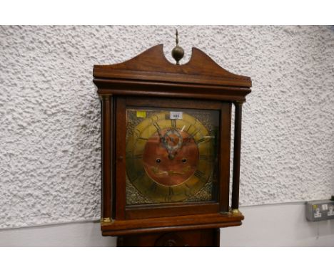 Mahogany veneered grandmother sized clock with brass face 197 cm high 