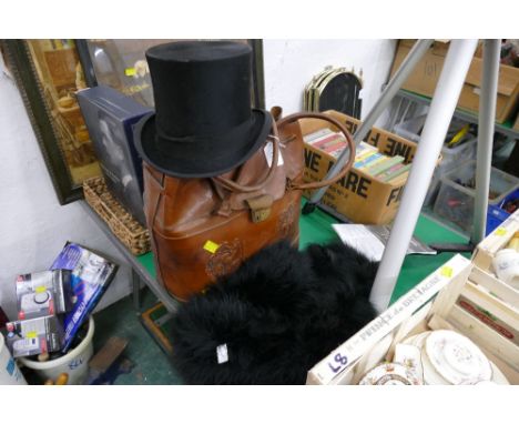 Two leather satchels, top hat and feather boa