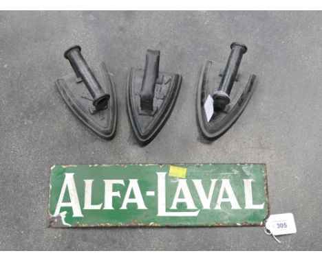 Antique Alfa-Laval enamel and cast iron sign with three antique irons 