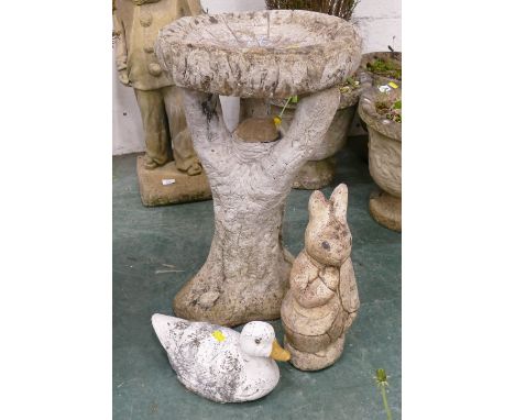 Composite bird bath, 64 cm and two animal formed garden ornaments