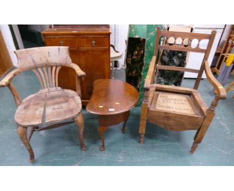 Two vintage wooden armchairs and kidney shaped side table