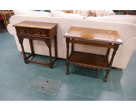 In the manner of Titchmarsh and Goodwin oak side table 61 cm x 30 cm x 71 cm high and a similar modern oak side table 