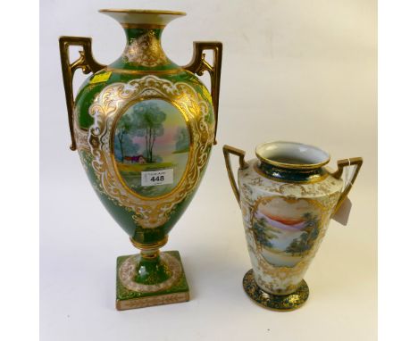 Large Noritake two handled vessel decorated with rural scenes green and gilt swagging, 41 cm high and smaller Chinese hand pa