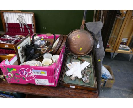 Bed warming pan, box of cutlery and box of ceramics