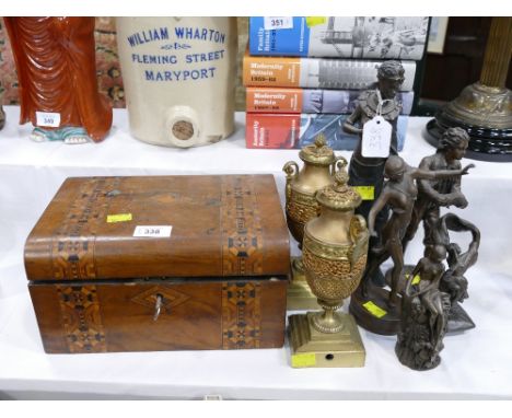 Inlaid box, pair of garnitures and five bronze effect statues