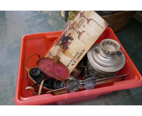Box of metalware - Samovar, binolcuars and box of glasses