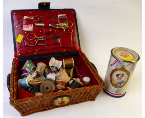 Vintage wicker sewing hamper with antique wooden threads and a coronation souvenir tin 1953 containing buttons 
