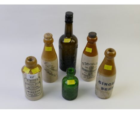 Two glass brewery bottles for Lamb &amp; Sons, Hetton, Pitt and Norrish of London, and four stoneware brewery bottles - Smart