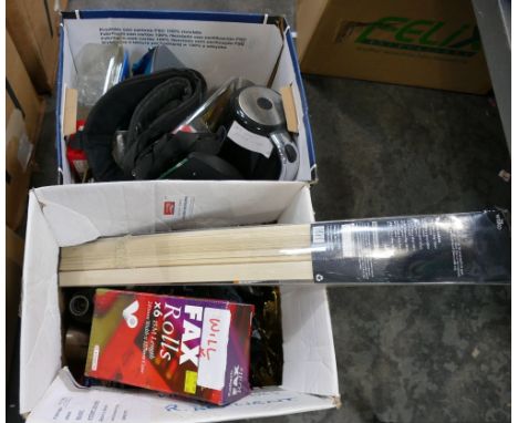Two boxes of household appliances, tools, light fittings etc