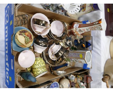 Box of ceramics and ornaments - Tuscan black pink and gilt tea set, Aynsley fruit patterned cup and saucer