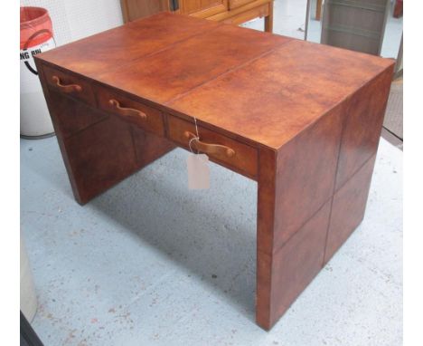MUFTI TAN LEATHER DESK, with a rectangular top and three small drawers below, 122cm W x 79cm H x 79.5cm D. (with faults)