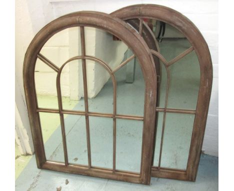 GARDEN MIRRORS, a pair, in a distressed metal finish, 88cm x 69cm. (2)