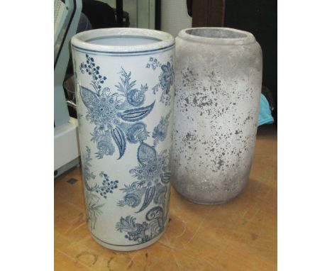 STICK STAND, in blue and white Chinese style 47cm H plus a jar in distressed form 46cm H. (2)