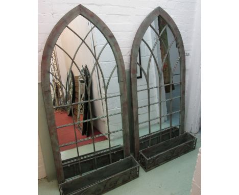 GOTHIC GARDEN MIRRORS, a pair, with planters in a distressed metal finish, 163cm x 76cm. (2)