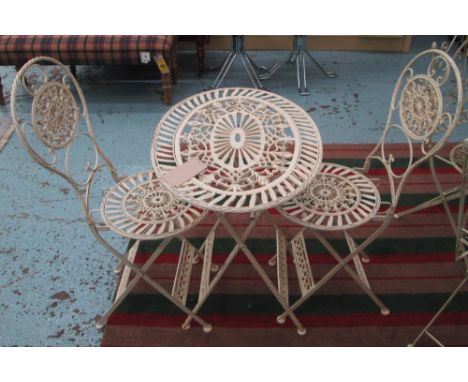 GARDEN SET, in cast iron, in a white, rustic finish, table 72cm x 53cm x 73cm H plus a pair of matching chairs. (3)