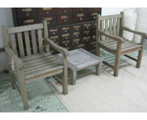 GARDEN TABLE AND CHAIRS, a pair, weathered teak with square supports together with a square low table, 29cm H x 60cm x 60cm. 