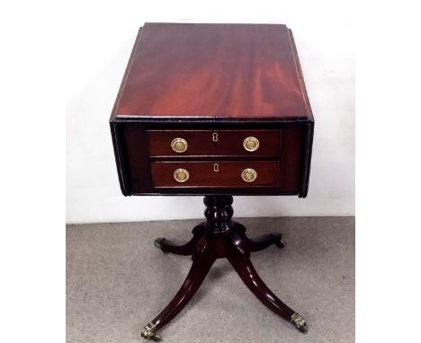 Regency Mahogany 2 Flap Pembroke Style Work Table with Fitted Real and 2 Fox Drawers standing on Turned Pillar with Brass Paw