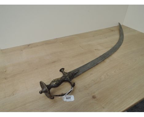 An Indian Sword (Talwar) approx 1800 with disk pommel, knuckle guard, curved blade, no scabbard, blade length 78cm, overall l