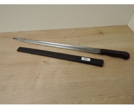 A possible WWI Trench Fighting Knife converted from a Bayonet with leather scabbard, (af), blade length 46cm, overall length 