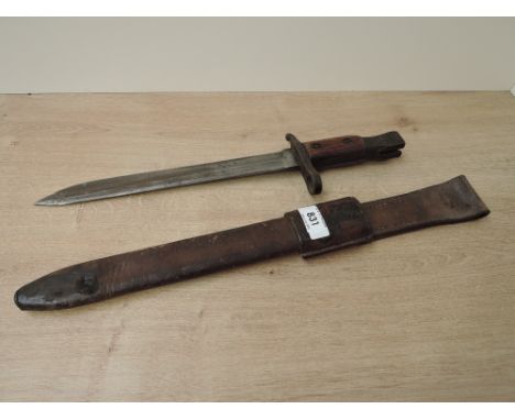 A Canadian Ross Rifle Bayonet 1912 pattern, unmodified with leather scabbard, made by Ross Rifle Co Quebec, No504, blade leng