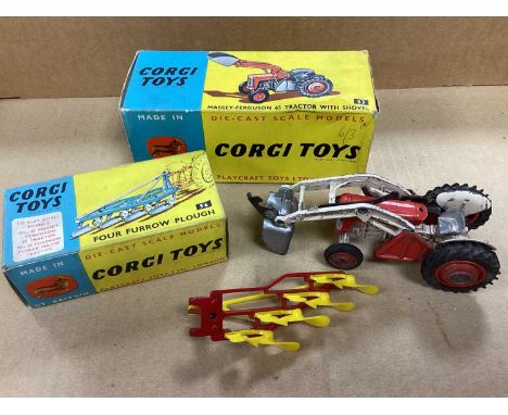 Corgi Toys No 53 Massy-Furguson 65 Tractor with Shovel, fair, chipping to many areas, missing steering wheel, boxed, crushing