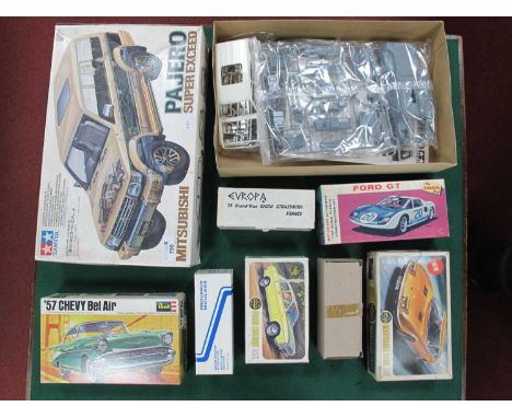 Eight Plastic, Resin Model Car Kits by Tamiya, Airfix, The Lindberg Line, Revell, Europa, Provence Moulage to include Tamiya 