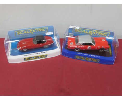 Two Scalextric 1:32 Scale Slot Cars. #C4032 Jaguar E-Type (Red), #3536 Mercury Cougar 1967 Trans Am (model is loose within bo