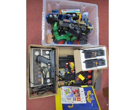 A Quantity of Mainly Plastic Model Vehicles including a battery operated Mighty Loco, together with a Tandy TV Scoreboard, ca