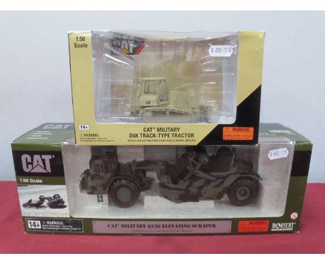 Two Norscot 1:50 Scale Diecast Model CAT Military Plant Machinary Vehicles. #55253 D6K Track Type Tractor, #55112 623G Elevat