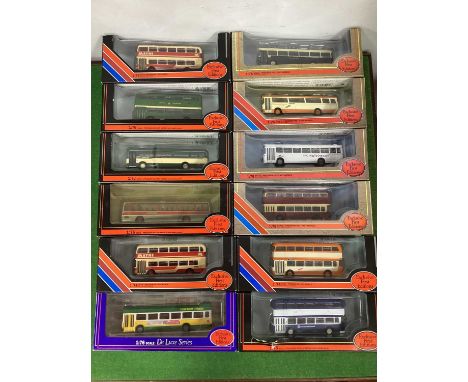 Twelve 1:76th Scale Diecast Model Buses by EFE including #20424 Bristol VRIII - Maynes, boxed