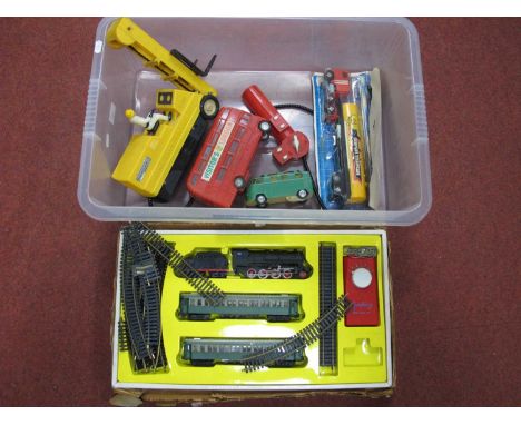 Four Plastic Model Vehicles to include Jimson (Hong Kong) Telsada VW Bus, Hercules Remote Control H-30 Fork Lift Truck (damag