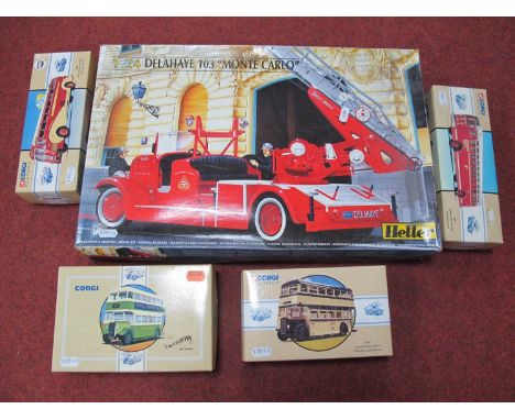 A Heller 1:24th Scale #80780 Plastic Model Kit Delahaye 103 "Monte Carlo" Fire Truck, bagged parts. Together with Four Corgi 