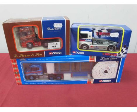 Three Boxed Diecast Model Commercial Vehicles by Corgi. 1:50 #CC12806 Scania T Log Trailer - J G Riddell Ltd, 1:50 #CC12904 S