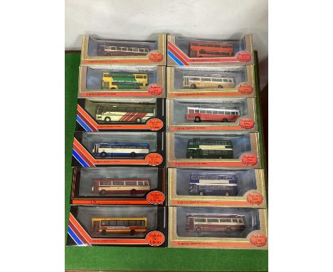 Twelve 1:76th Scale Diecast Model Buses by EFE including #28606 G.M. Atlantean - First Manchester, boxed.