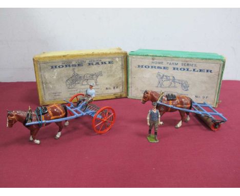 Two Pre-War Lead Britains Horse Drawn Items, No 8F horse rake and No 9F horse roller, both with figures and boxed, both showi