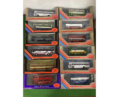 Twelve 1:76th Scale Diecast Model Buses by EFE including #20623 Pointer Dart - Yarmouth Blue Bus, boxed.